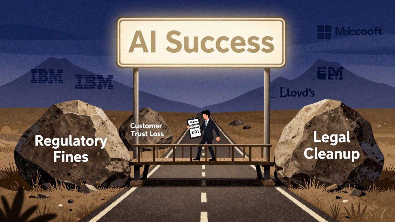 A person building a bridge over risk boulders to reach AI success, in stylized risograph illustration.