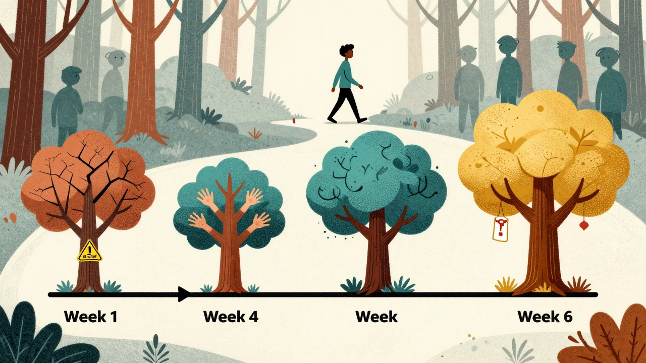 A person walking along a forest path representing six weeks of AI training, with symbolic trees for each stage.