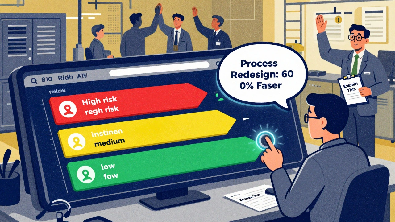 A technician using an AI dashboard with color-coded risk tiers and an &#039;Explain This&#039; button glowing with reasoning.