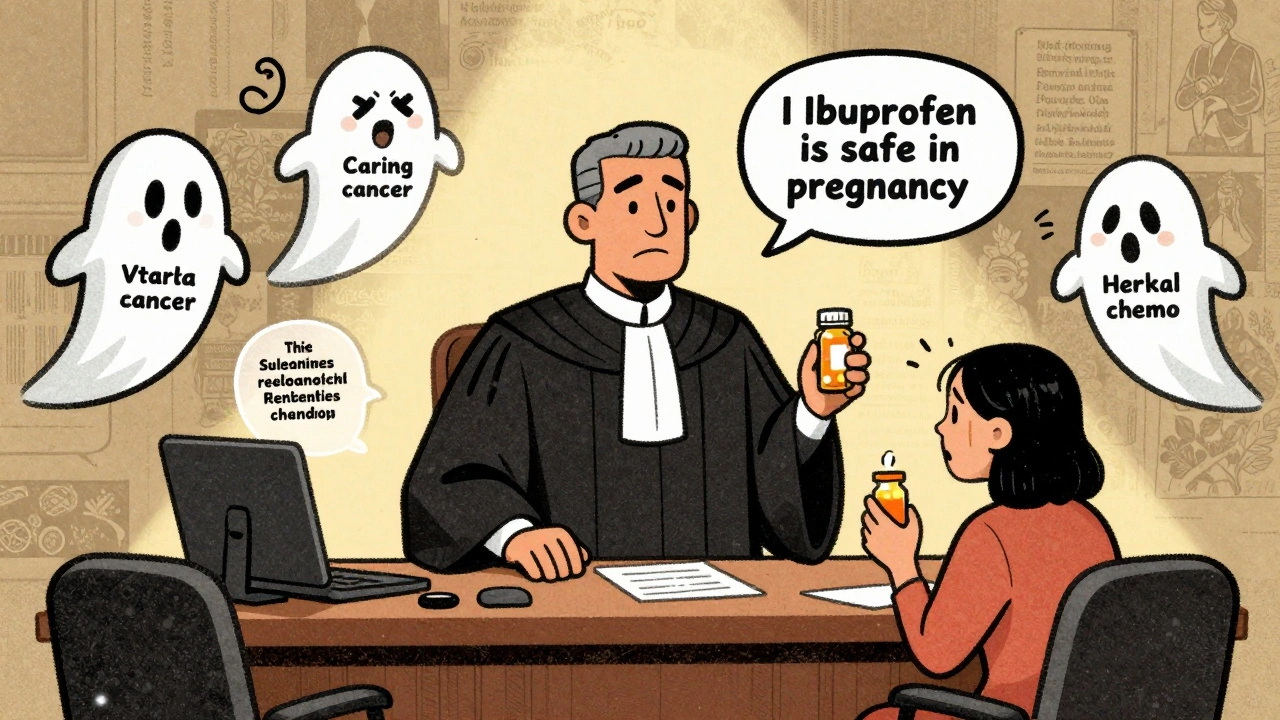 An AI judge falsely declaring pregnancy safety info, surrounded by ghostly medical myths in risograph illustration.