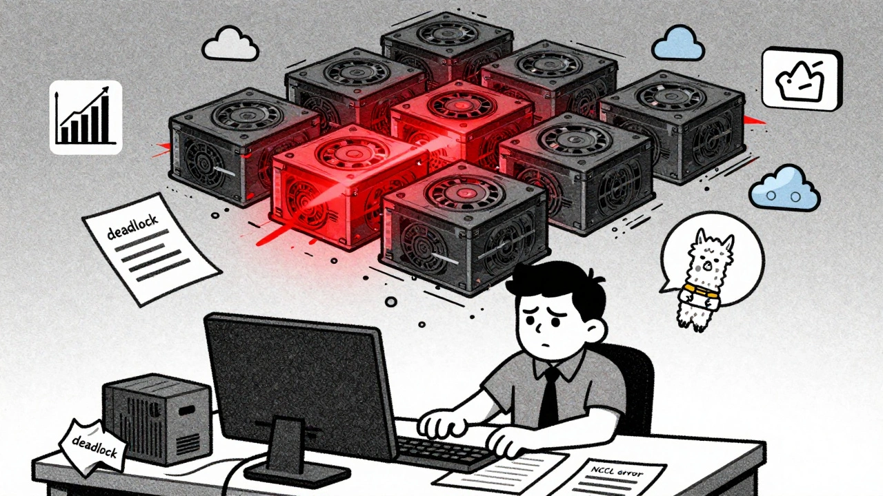 Engineer surrounded by glitching GPU grid and error icons in a cluttered workspace