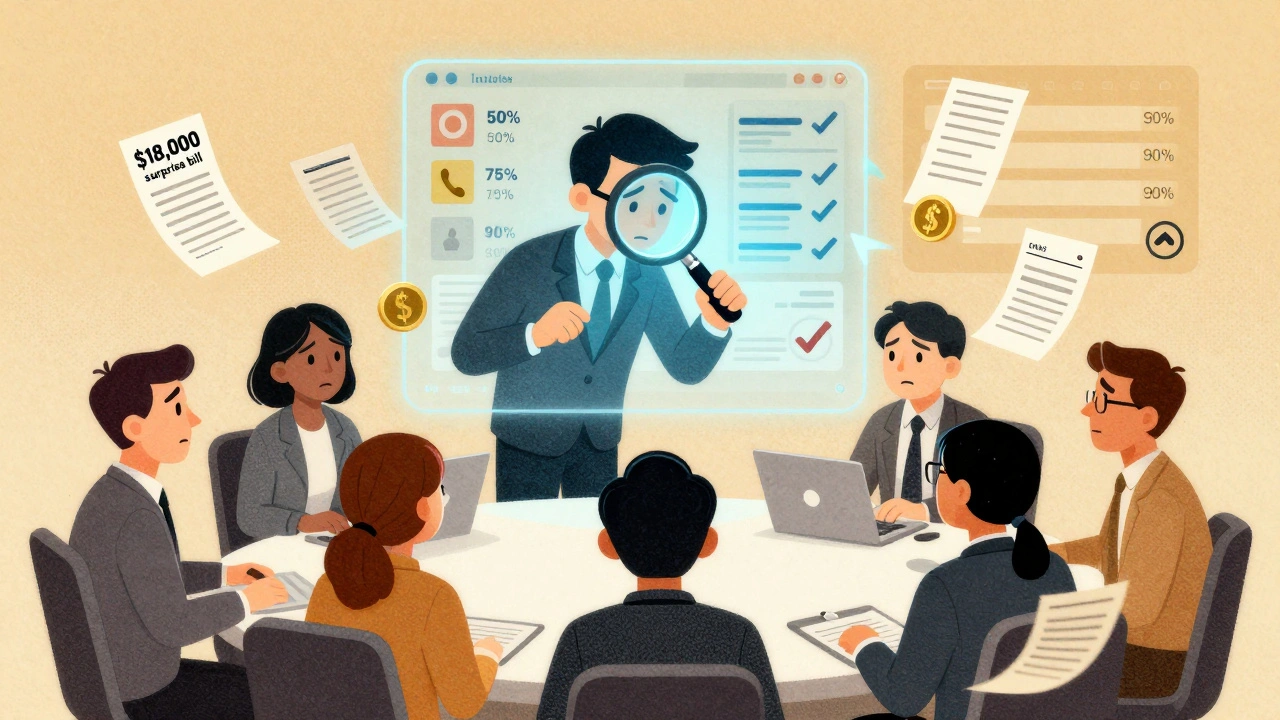 Finance team overwhelmed by surprise bills, watched by an AI auditor correcting errors, with real-time usage alerts glowing in the background.