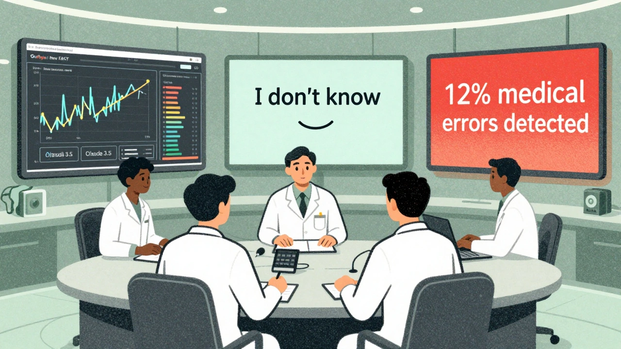 Humans monitoring AI truthfulness in a control room with live data feeds and a model saying &#039;I don&#039;t know&#039; in risograph style.