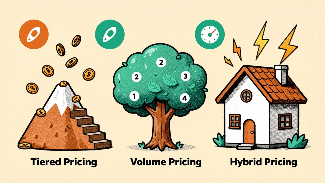 Three whimsical pricing models as characters: stair-step mountain, growing tree, and house with lightning bolts, surrounded by floating tokens.