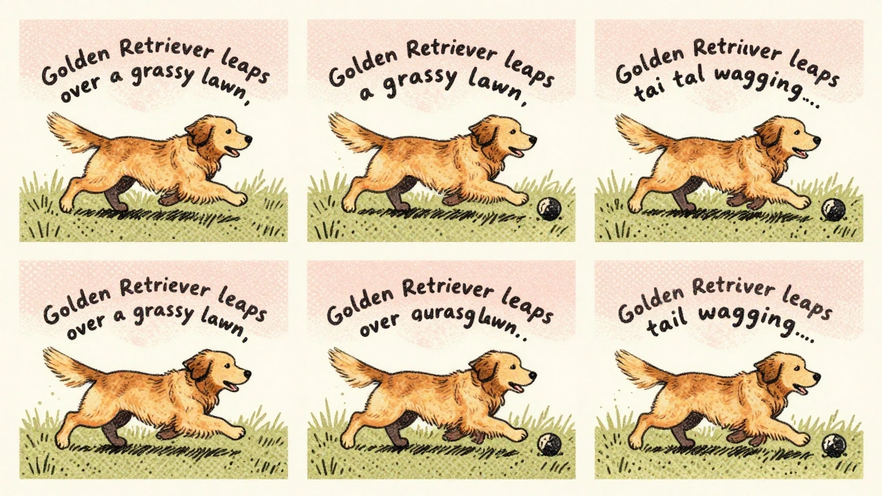 A golden retriever leaps across grassy lawn, motion captured in ink strokes with handwritten caption nearby.