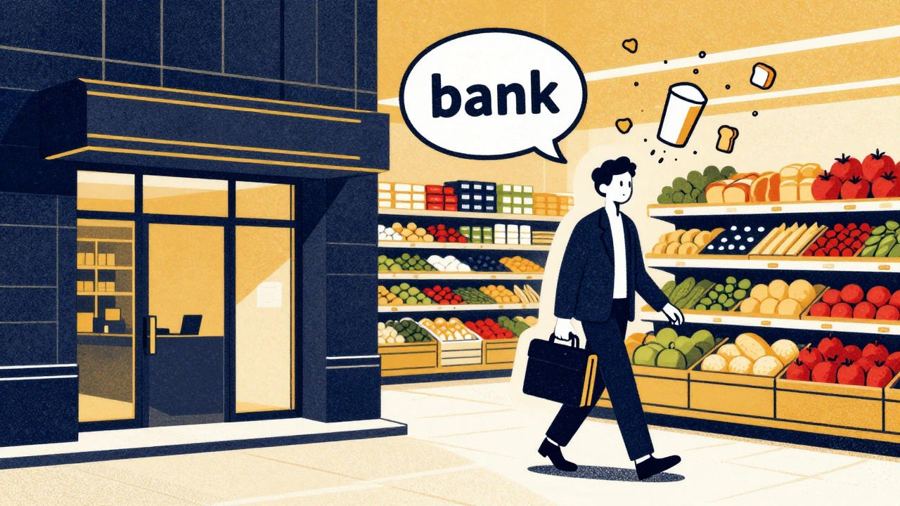 A man walks into a grocery store instead of a bank, split-panel illustration showing AI semantic drift in risograph style.