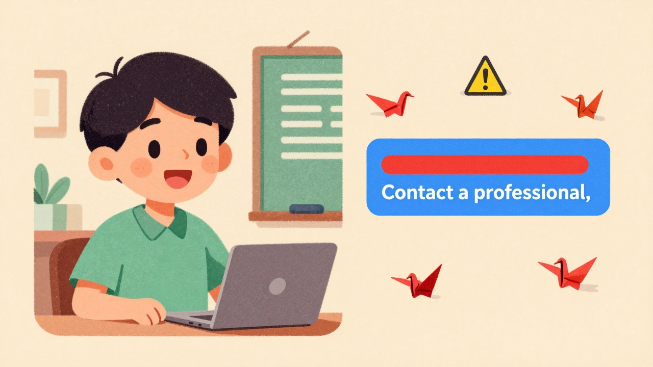 AI tutor output with redacted harmful line replaced by safe message, shown in warm risograph colors.