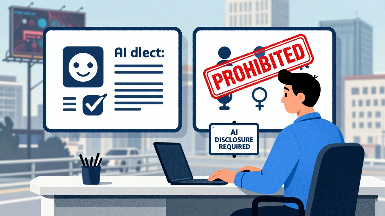 Colorado insurance AI rules showing prohibited factors and disclosure signs, in risograph style.