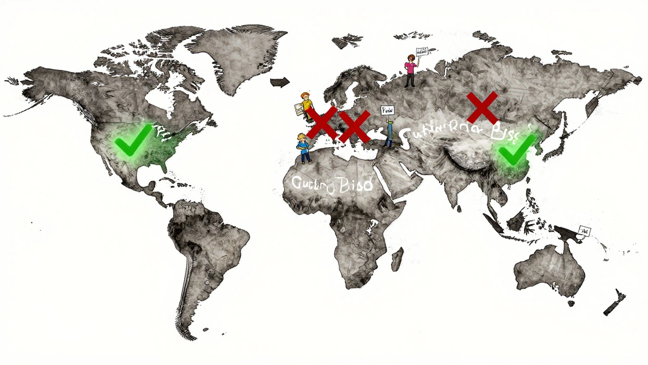 Global map with cultural bias arrows blocked or allowed, illustrated in textured risograph print style.