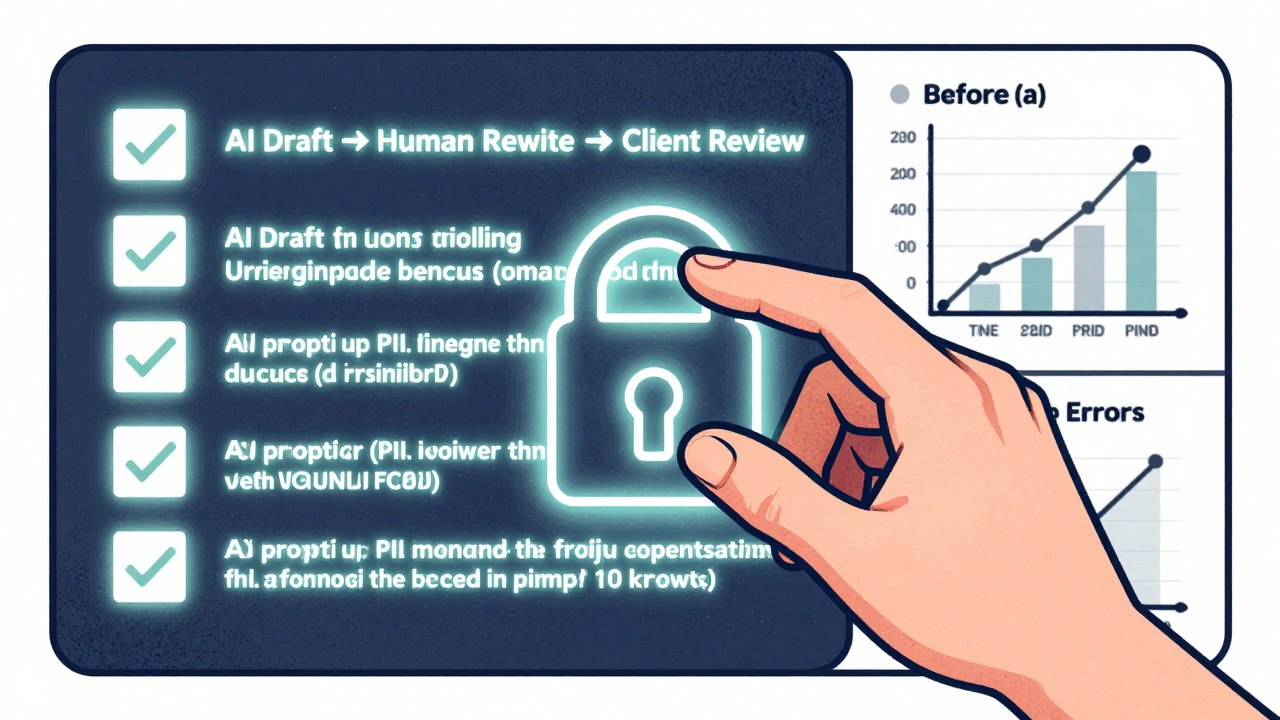 Hand locking sensitive data out of an AI prompt, with a workflow checklist and improvement graph in risograph style.