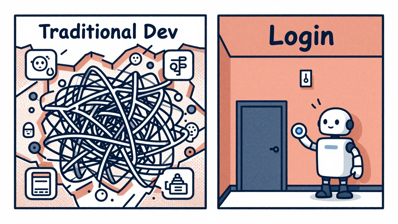 Split-screen: messy layered architecture vs. clean vertical slice with a fully built login room.