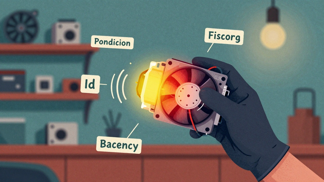 Technician holds replacement fan motor with thermal overlay showing heat patterns and vibration waves.