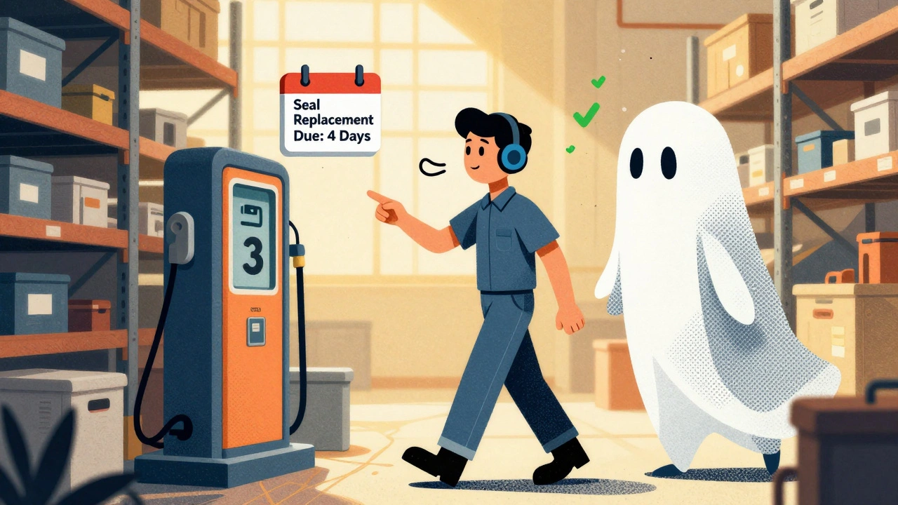 Technician in warehouse receives AI alert about upcoming pump maintenance via headset with visual cue.