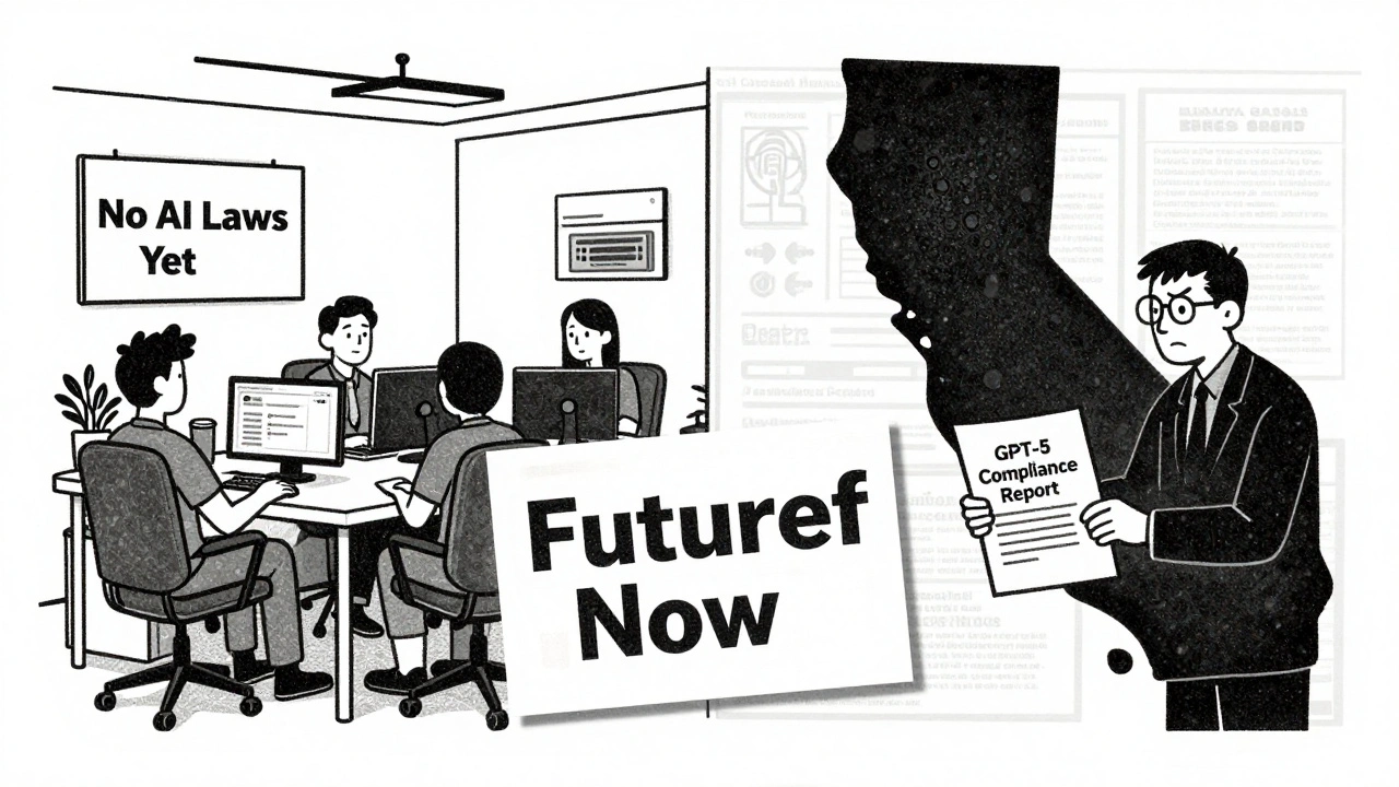 Utah tech workers divided between no regulations and looming California compliance, in risograph style.