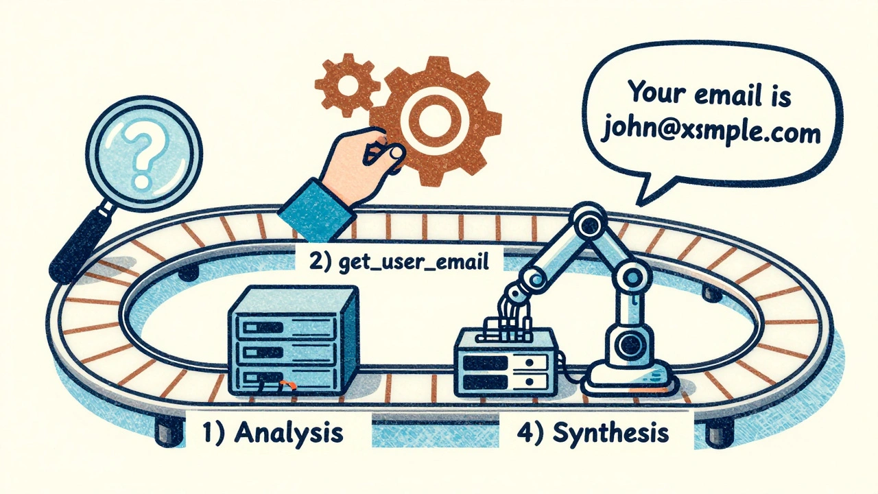 A circular conveyor belt illustrates the four steps of function calling with symbolic icons in muted risograph colors.
