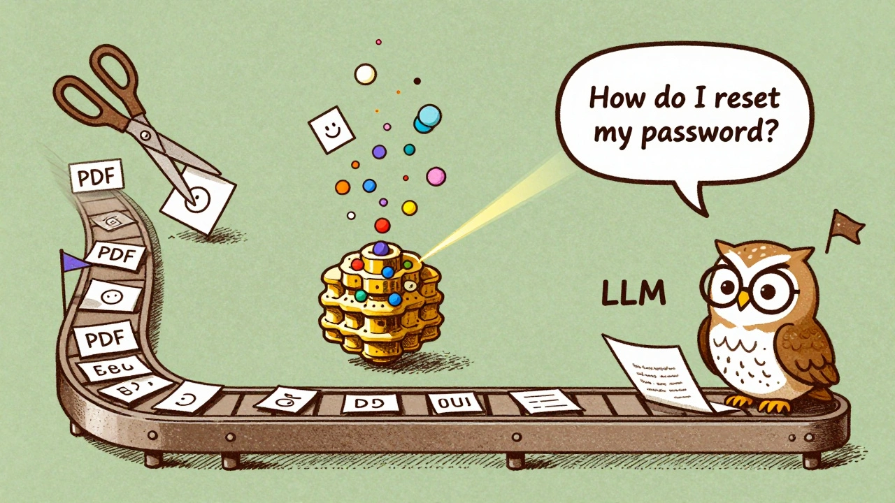 A four-step RAG pipeline shown as a playful factory conveyor belt with smiling scissors, vector beehive, and an owl writing cited answers.
