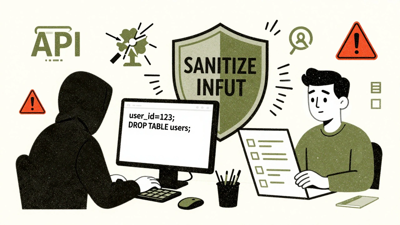 A hacker tries to inject malicious code, but a shield blocks it, while a developer reviews logs in a risograph-style safety scene.