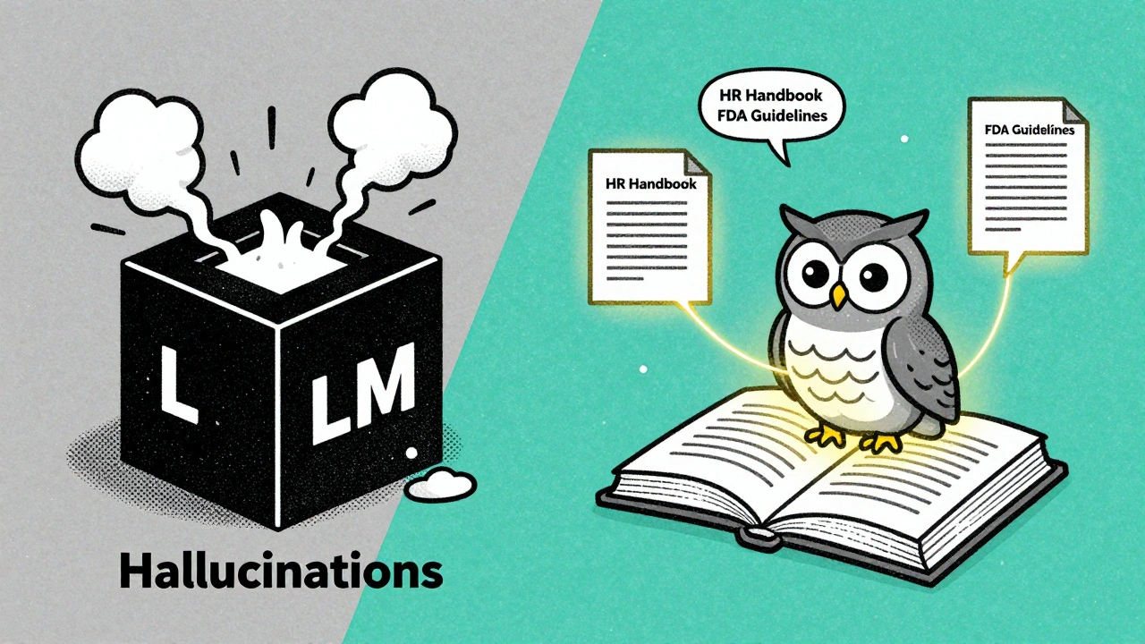 A split scene: chaotic hallucinating LLM on left, calm RAG system with source documents on right, illustrating accurate vs. false answers.