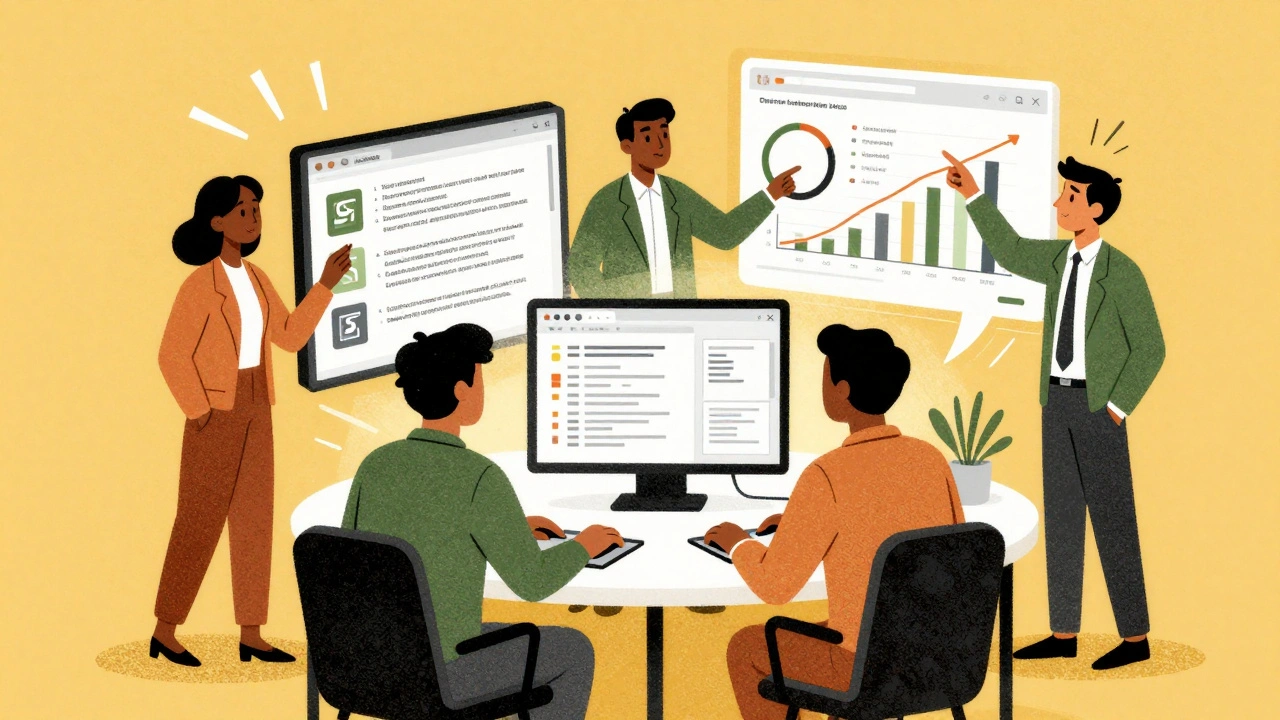 Diverse team collaborating around a glowing AI dashboard with prompt controls, hallucination monitor, and satisfaction chart.
