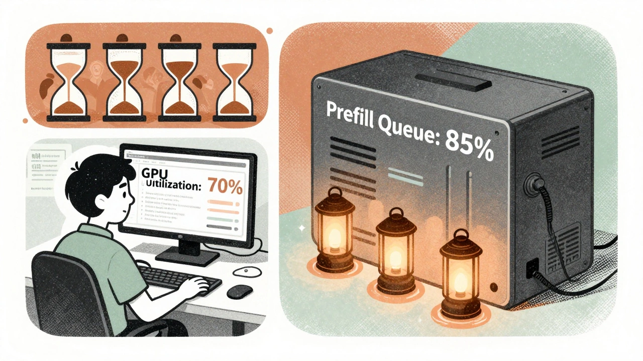 Split scene: left shows misleading GPU metrics and waiting users, right shows queue-triggered replicas glowing like lanterns.