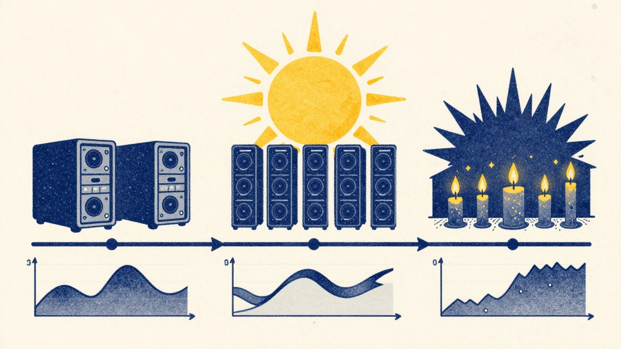 Timeline of LLM scaling from dawn to dusk with pre-warmed replicas as suns and spot instances fading like candles.