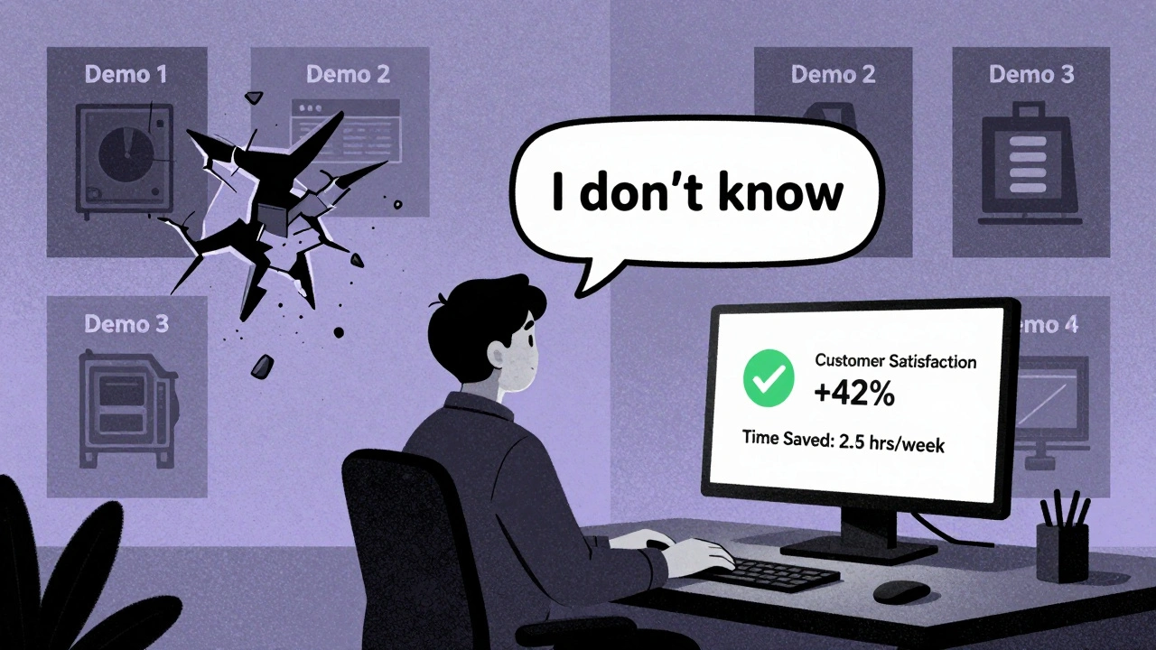 User facing an AI that says &#039;I don&#039;t know&#039; as failed demos crumble, with a glowing success metric on screen behind them.