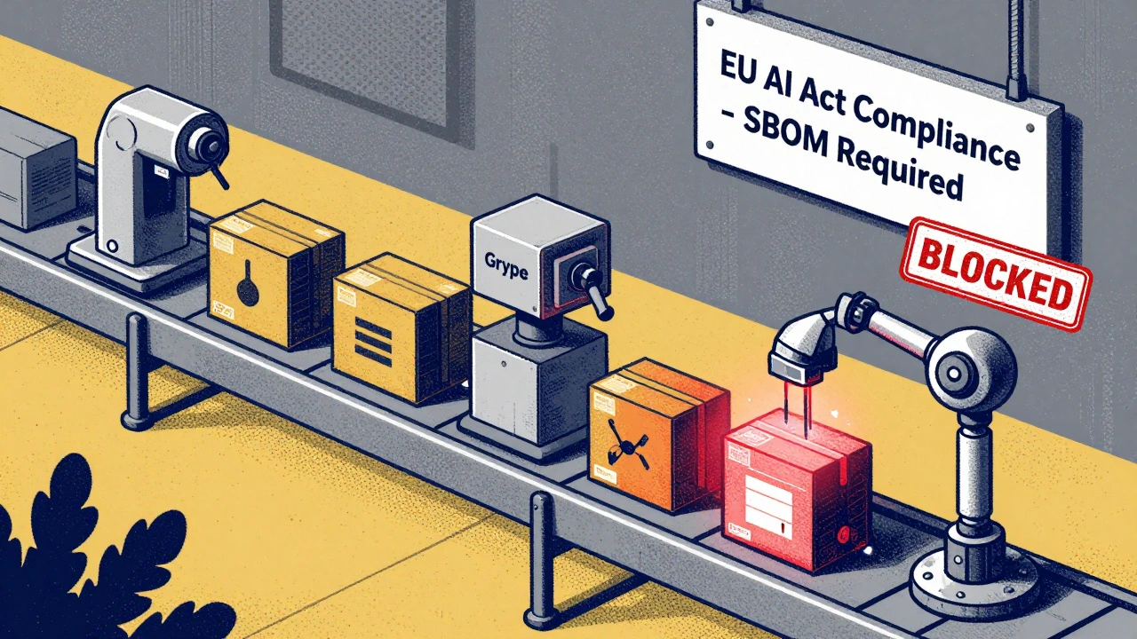 A factory conveyor belt with automated scanners blocking a compromised model package.