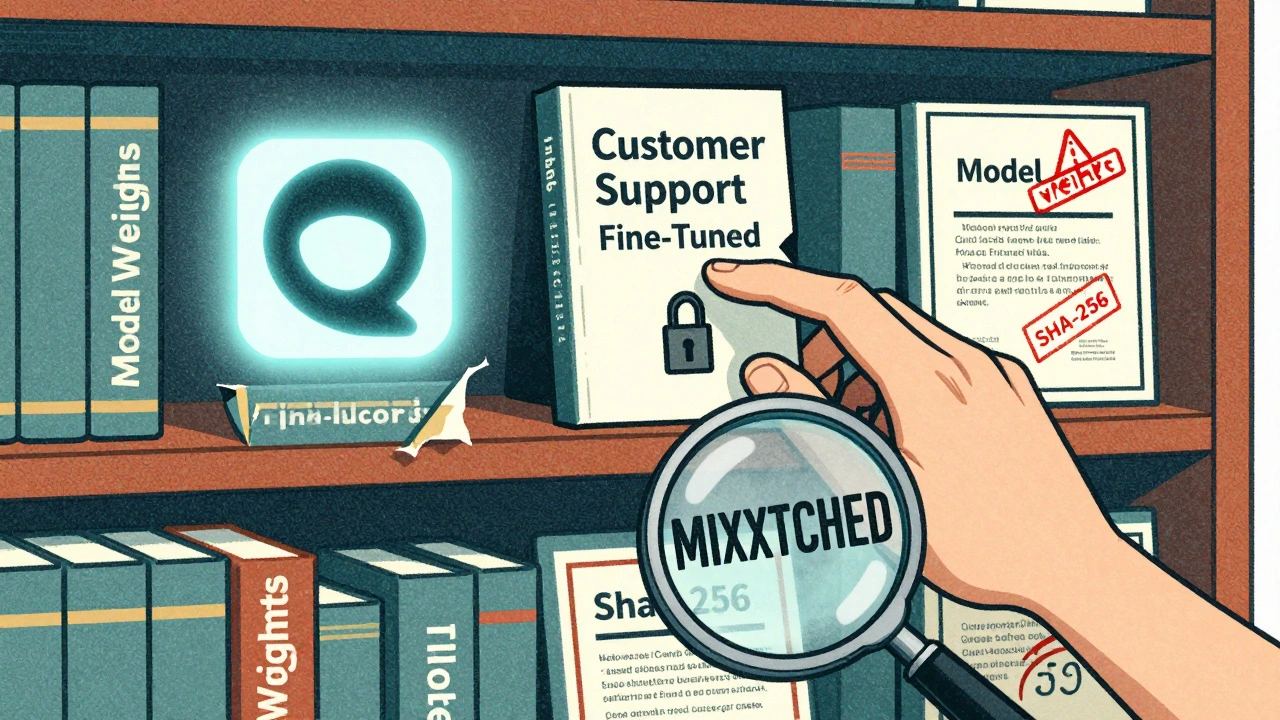 A model hub shelf with one book revealing a hidden backdoor, inspected by a magnifying glass.