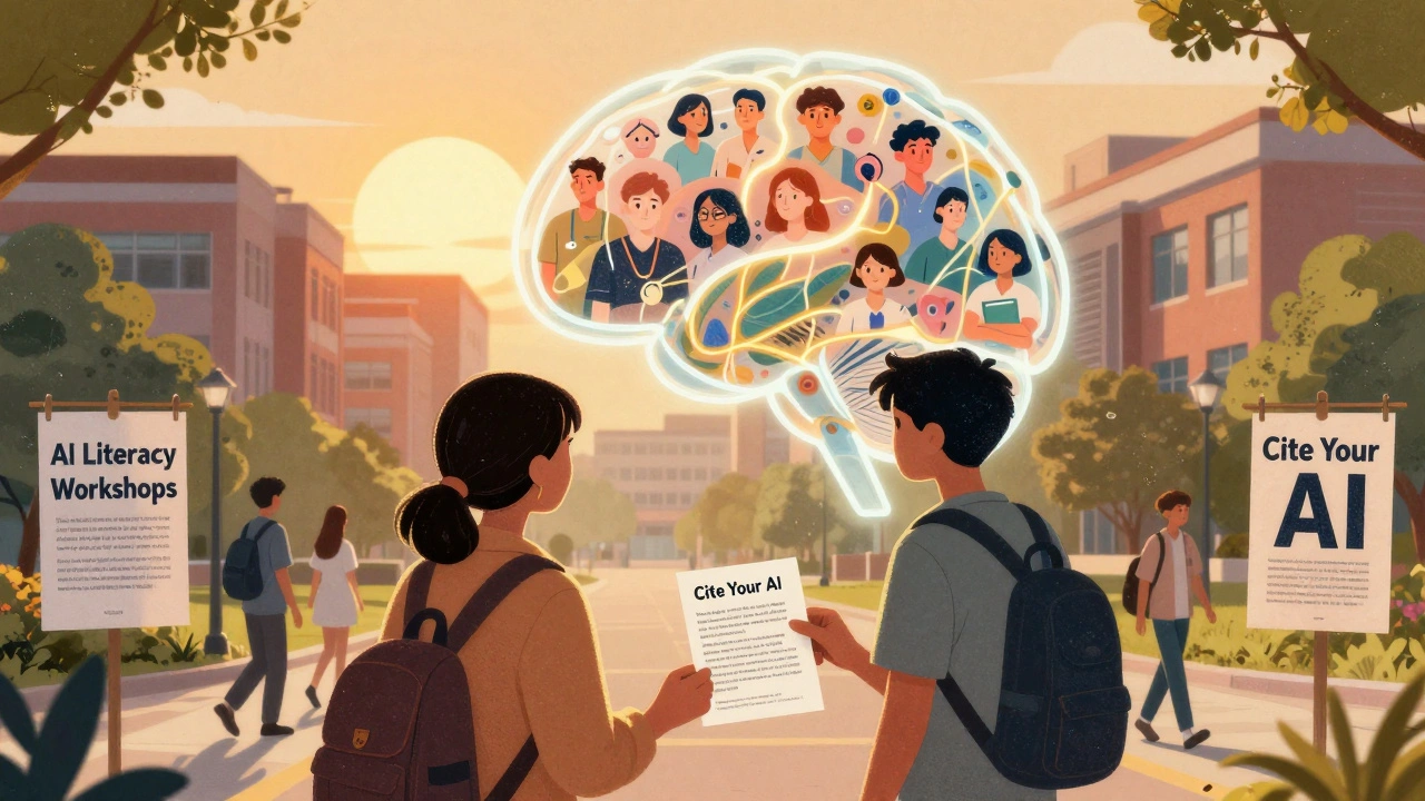 Campus scene with students receiving AI disclosure cards under a glowing AI brain