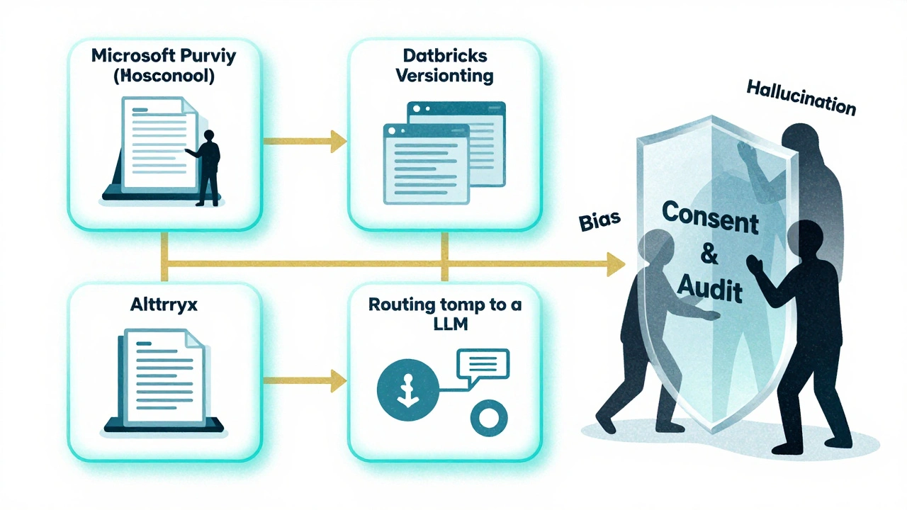 Clean data pipeline with tools blocking bias, glowing in cyan and gold with paper texture.