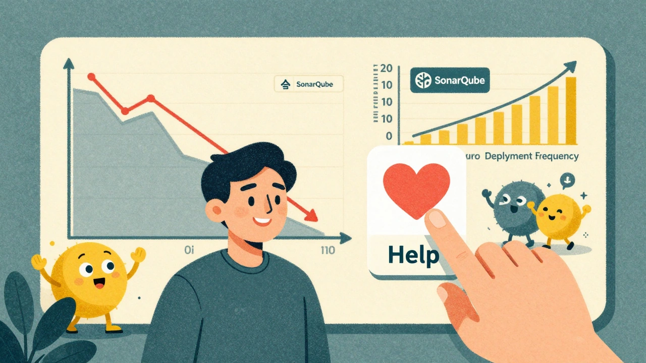 Developer watches a user&#039;s &#039;Help&#039; click turn into a heart, while metrics improve around them.