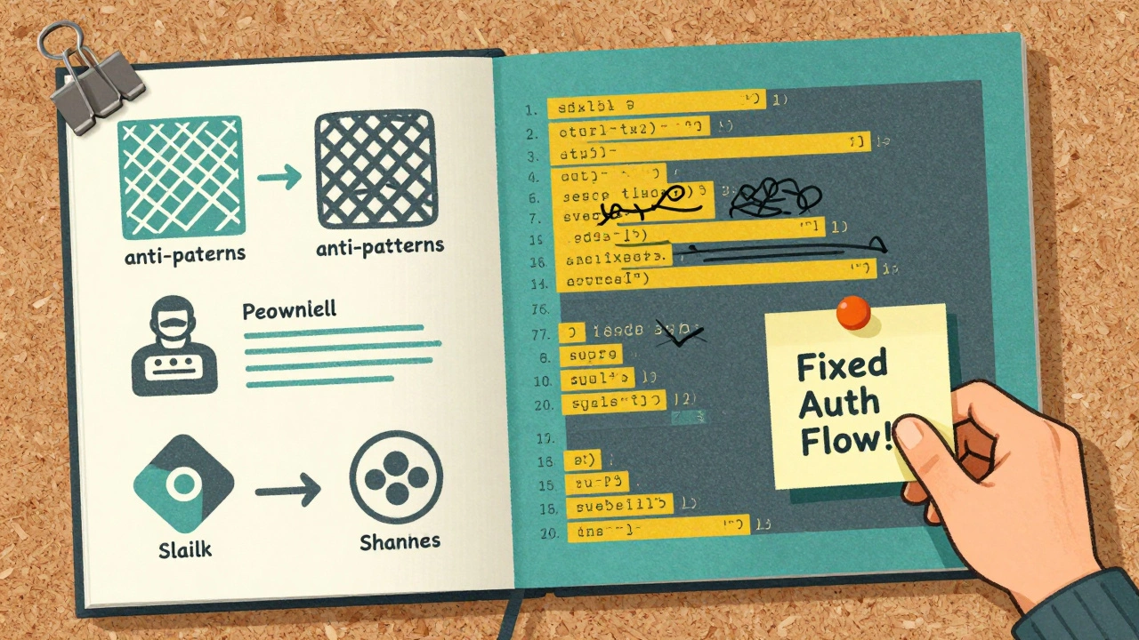 One-page playbook on a corkboard with icons and sticky notes, showing evolving code from chaos to clarity.