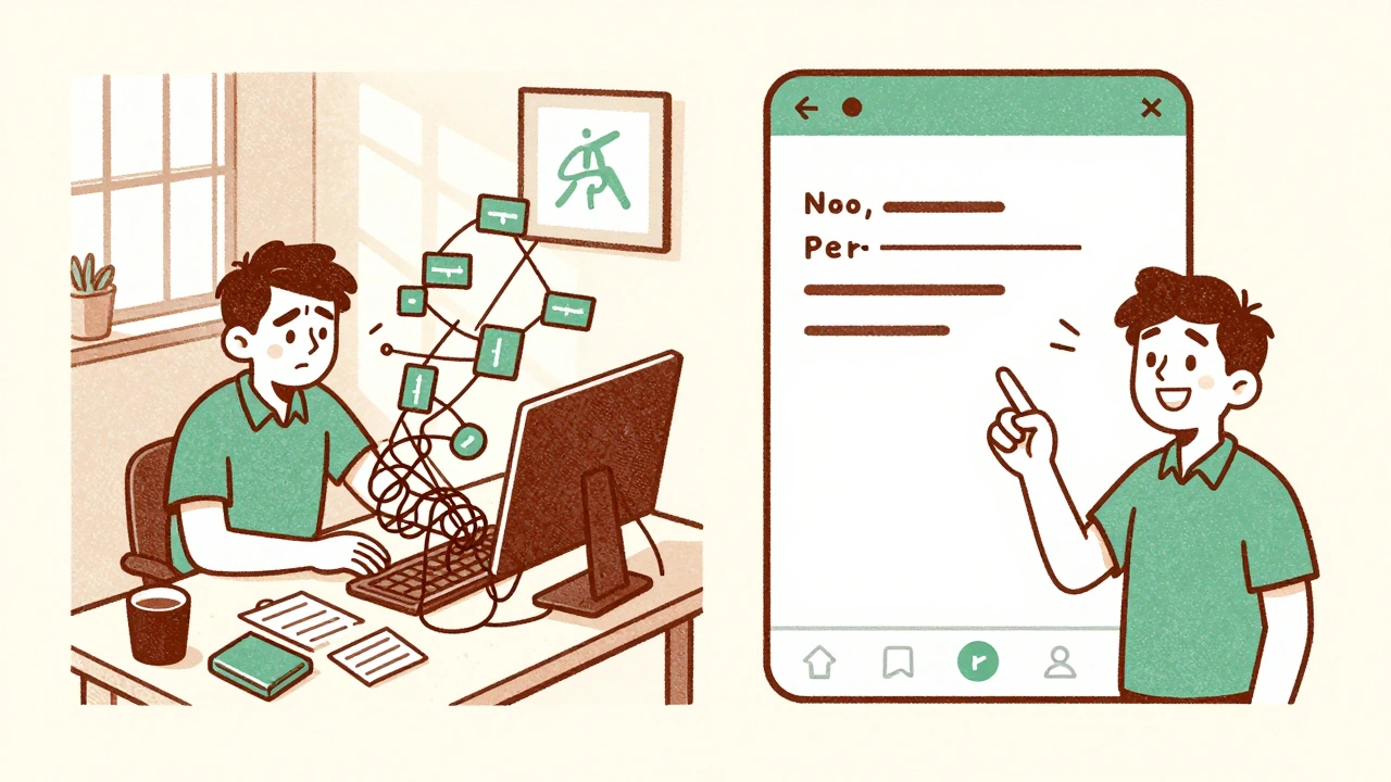 Split scene: frustrated no-code struggle on left, clean AI prototype emerging on right with warm risograph colors.
