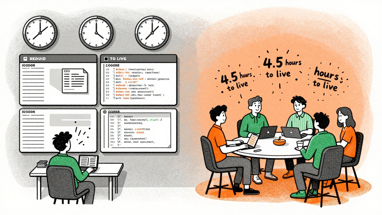 Split scene: stressed team with rigid boards vs. relaxed team deploying code quickly over coffee.