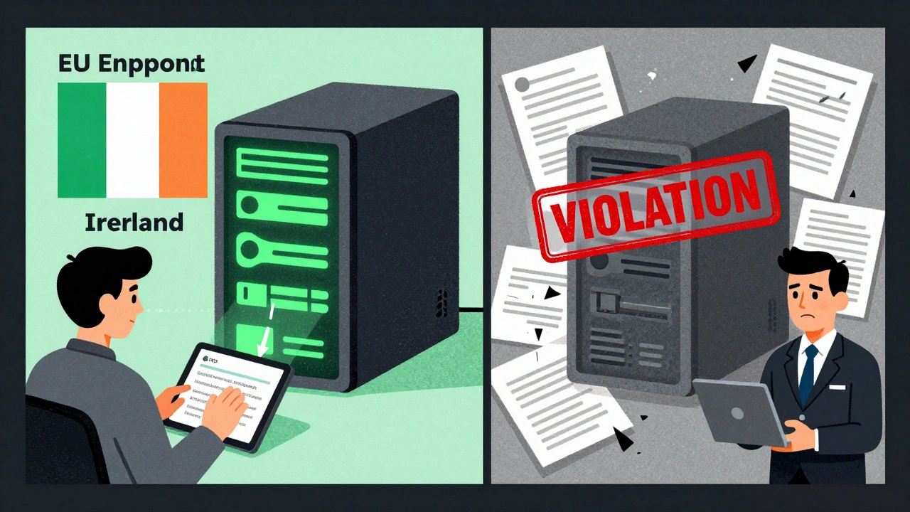 Split-screen: EU-compliant data routing vs.违规 U.S. server with red violation stamp.