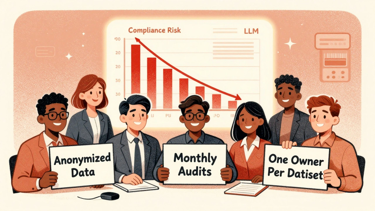 Team celebrating governed LLM use with signs for compliance, against a falling risk chart.