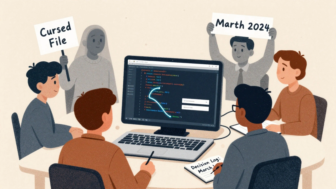 Team on a codebase tour tracing a user journey through glowing code paths, with ghostly figures of past developers.