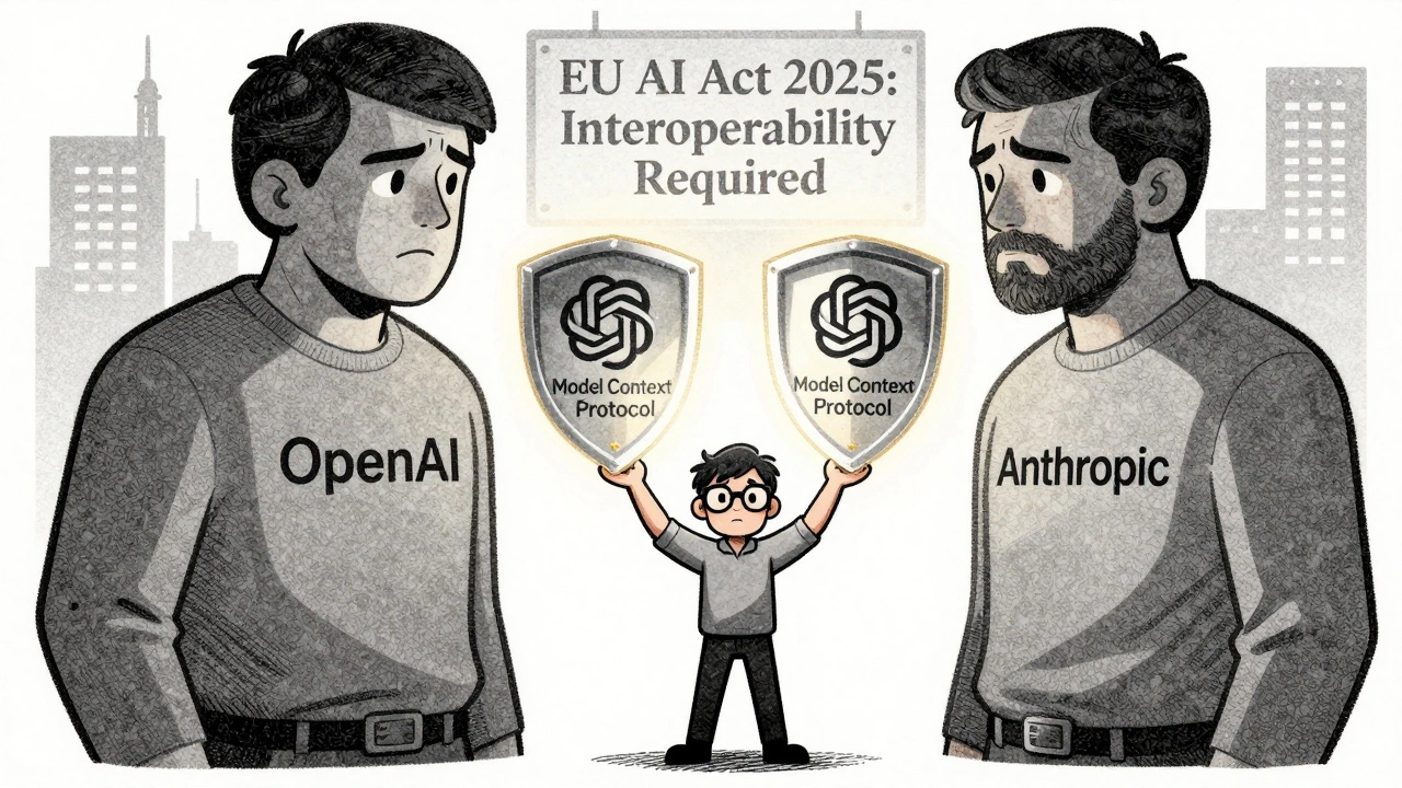 A developer stands between two LLM giants, protected by a shield labeled Model Context Protocol.