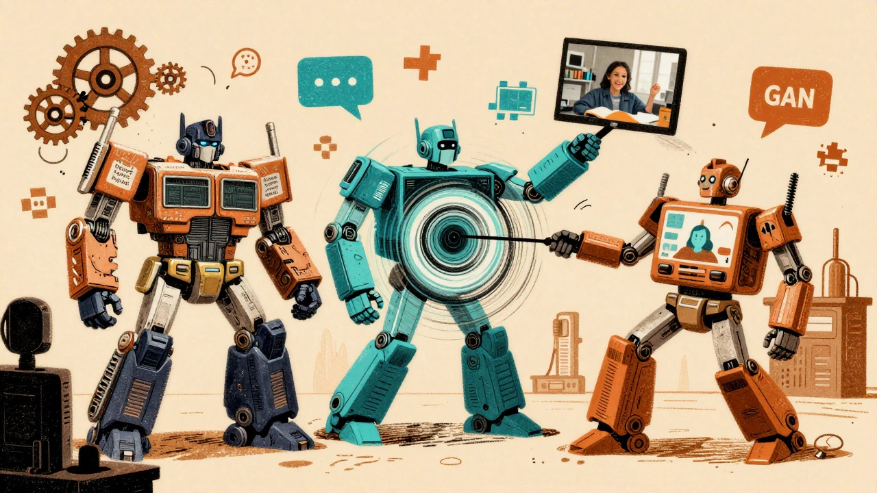 A workshop with three hybrid AI machines merging, surrounded by floating tech icons, in warm risograph tones with ink bleeds and hand-drawn details.