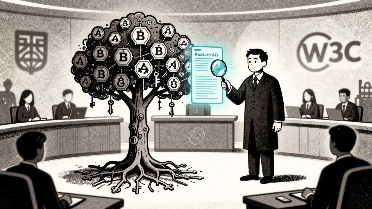 AI avatar beside blockchain tree of keys in courtroom, judge verifying diagnosis