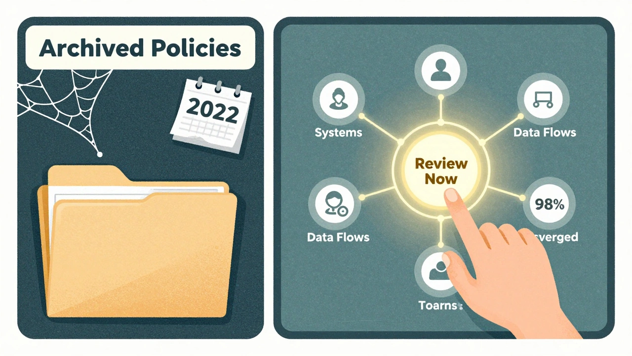 Cluttered outdated policy folder vs. glowing active governance network with 98% coverage