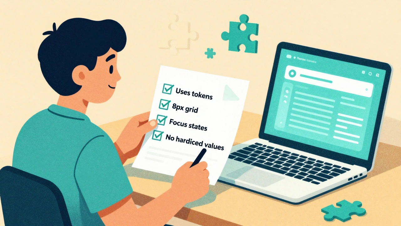 Designer placing checklist beside aligned AI-generated UI elements