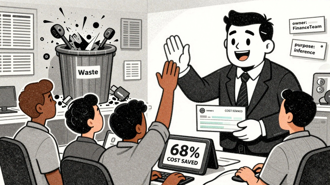 Engineers celebrating a 68% cost savings dashboard with tagged AI workloads in the background.