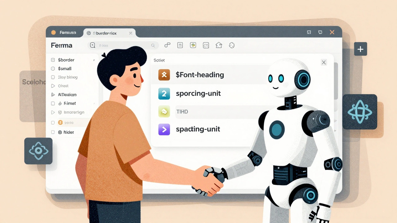 Human and AI shaking hands over design tokens and clean components