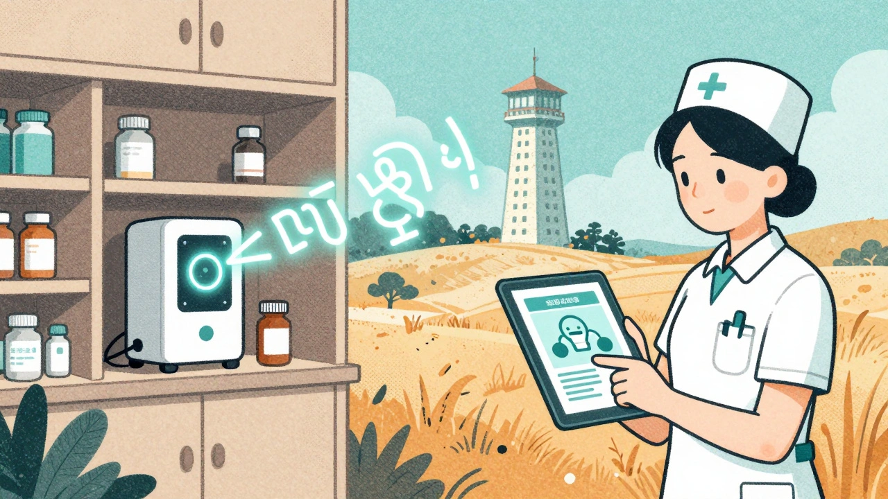 Rural clinic AI sensor transmitting encrypted medicine data to blockchain tower