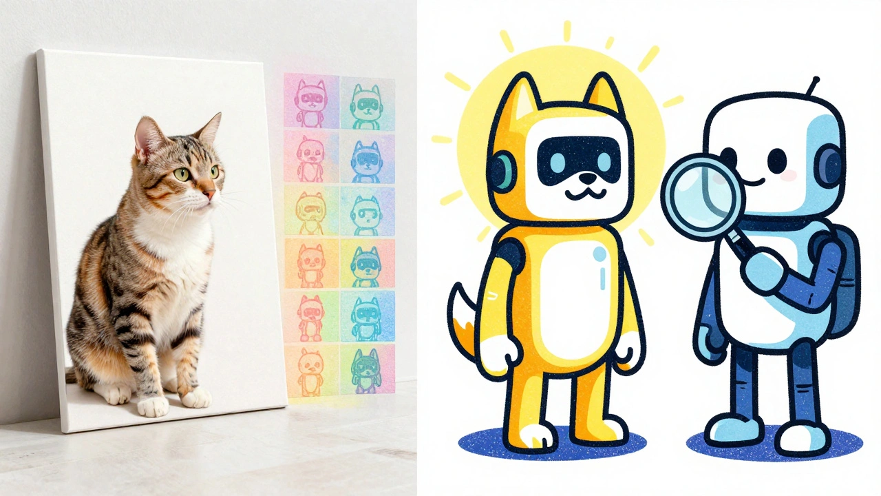 Split illustration: left shows a cat emerging from noise layers, right shows two AI bots in a duel, all in limited risograph colors and paper grain texture.