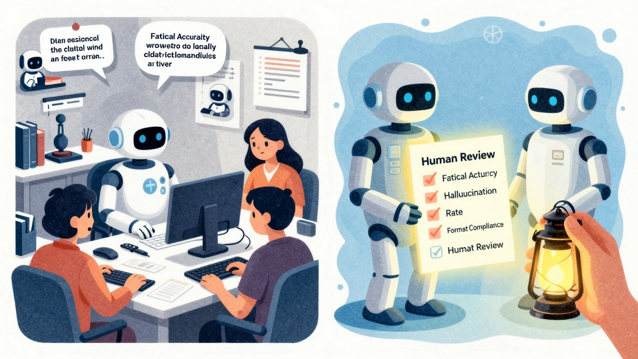 Split scene: chaotic AI errors on the left, corrected outputs on the right, with a human lantern illuminating subtle cultural tone issues.