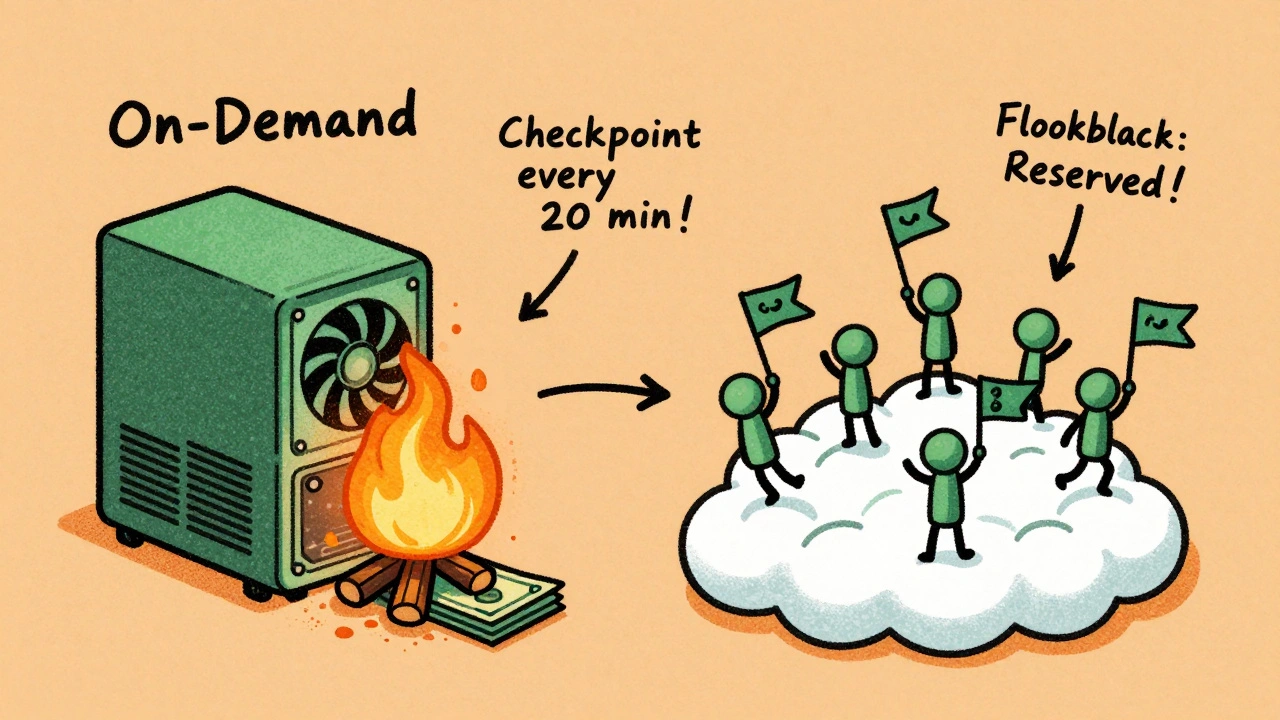 Split-screen showing expensive servers vs. dancing spot instances with checkpoint flags.