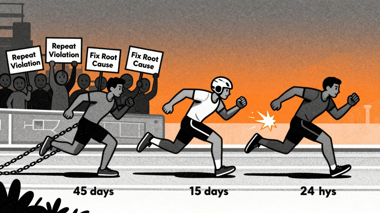 Three runners representing MTTR times on a race track, one sprinting fast while others lag with chains