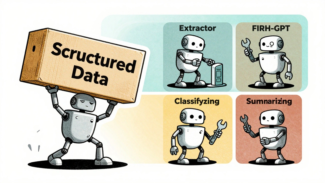 Three small robots collaborate on steps of data extraction, classification, and summarization in layered illustration.